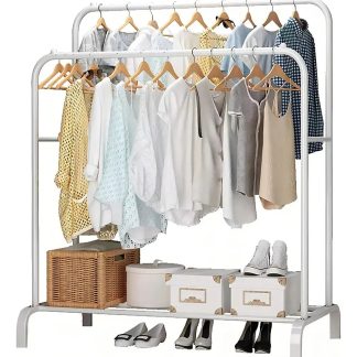 Perchero Doble Metálico Multifuncional Con Zapatera - Organizador De Ropa Y Calzado Para Espacios Pequeños Color Blanco