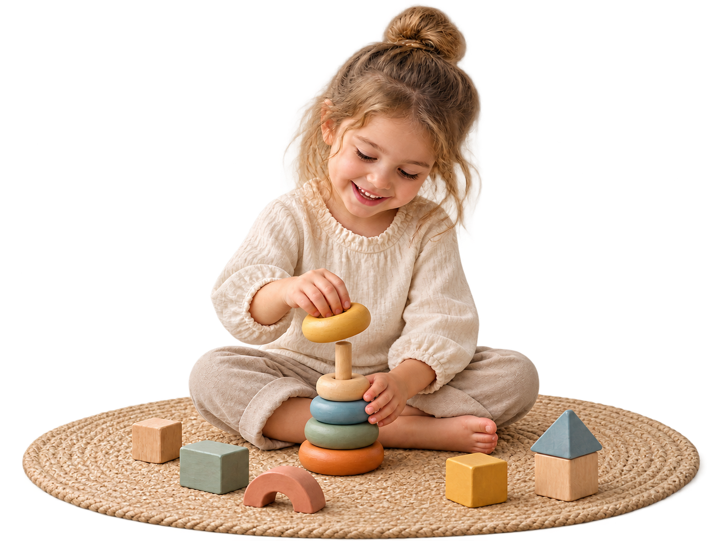Niña jugando con juguetes de madera sobre una alfombra