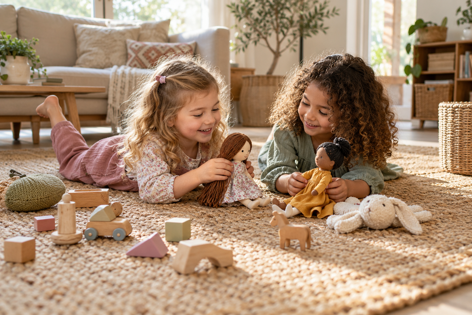 Dos niñas jugando con muñecas y juguetes sobre una alfombra